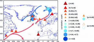 4. ábra. Az észak-atlanti óceáni régió áramlásai, valamint a cseppkőrekordokból képzett PC1 adatok és a tengerfelszín hőmérsékleti adatsorai közötti korrelációs kapcsolat térbeli alakulása